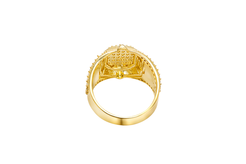 14KT Gold Ring Men's Oval White CZ Stone Platform Plain Border Band Design Fleur De Lis with U Shaped White CZ Stone Border