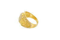 14KT Gold Ring Men's Oval White CZ Stone Platform Plain Border Band Design Fleur De Lis with U Shaped White CZ Stone Border