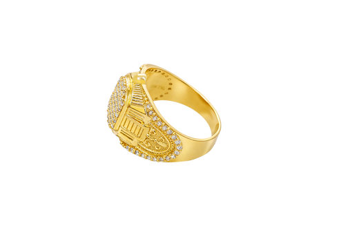 14KT Gold Ring Men's Oval White CZ Stone Platform Plain Border Band Design Fleur De Lis with U Shaped White CZ Stone Border