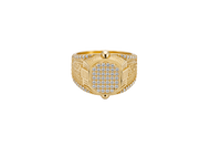 14KT Gold Ring Men's Oval White CZ Stone Platform Plain Border Band Design Fleur De Lis with U Shaped White CZ Stone Border