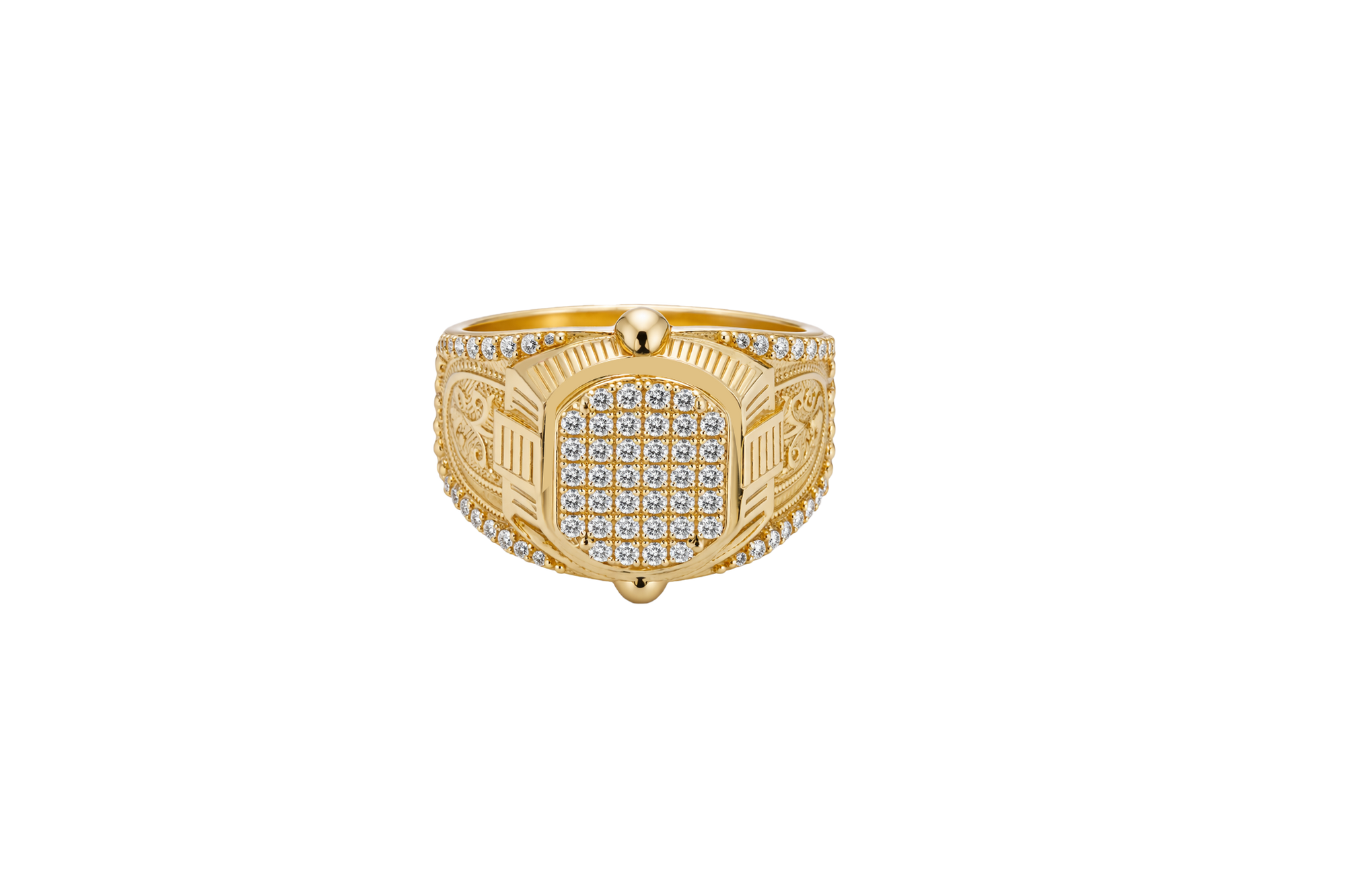 14KT Gold Ring Men's Oval White CZ Stone Platform Plain Border Band Design Fleur De Lis with U Shaped White CZ Stone Border