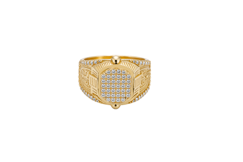 14KT Gold Ring Men's Oval White CZ Stone Platform Plain Border Band Design Fleur De Lis with U Shaped White CZ Stone Border