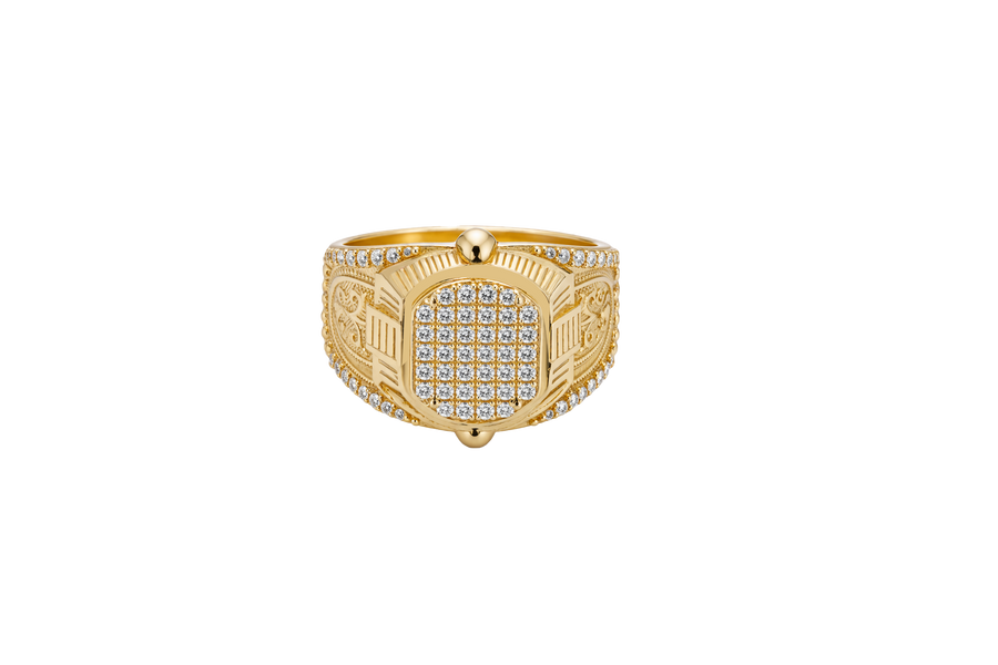 14KT Gold Ring Men's Oval White CZ Stone Platform Plain Border Band Design Fleur De Lis with U Shaped White CZ Stone Border