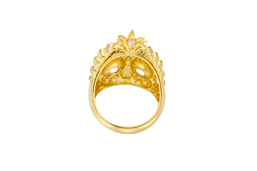 14KT Gold Ring Men's Pineapple Skull with Black Oval CZ Stone Eyes