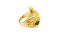 14KT Gold Ring Men's Pineapple Skull with Black Oval CZ Stone Eyes