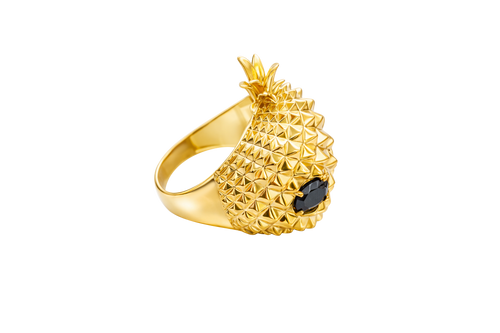 14KT Gold Ring Men's Pineapple Skull with Black Oval CZ Stone Eyes