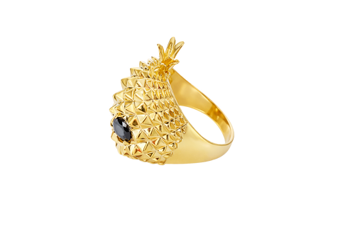 14KT Gold Ring Men's Pineapple Skull with Black Oval CZ Stone Eyes
