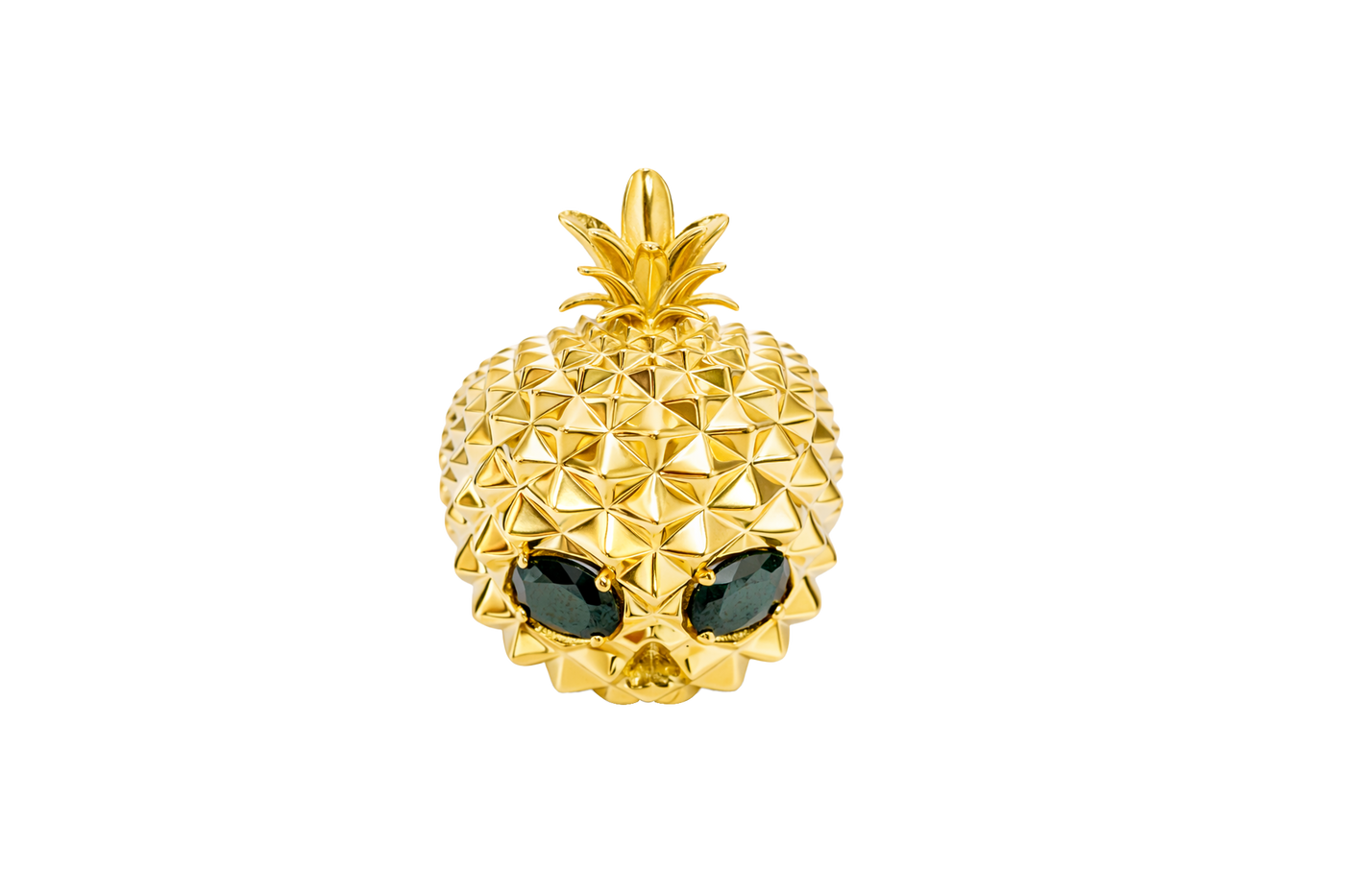 14KT Gold Ring Men's Pineapple Skull with Black Oval CZ Stone Eyes