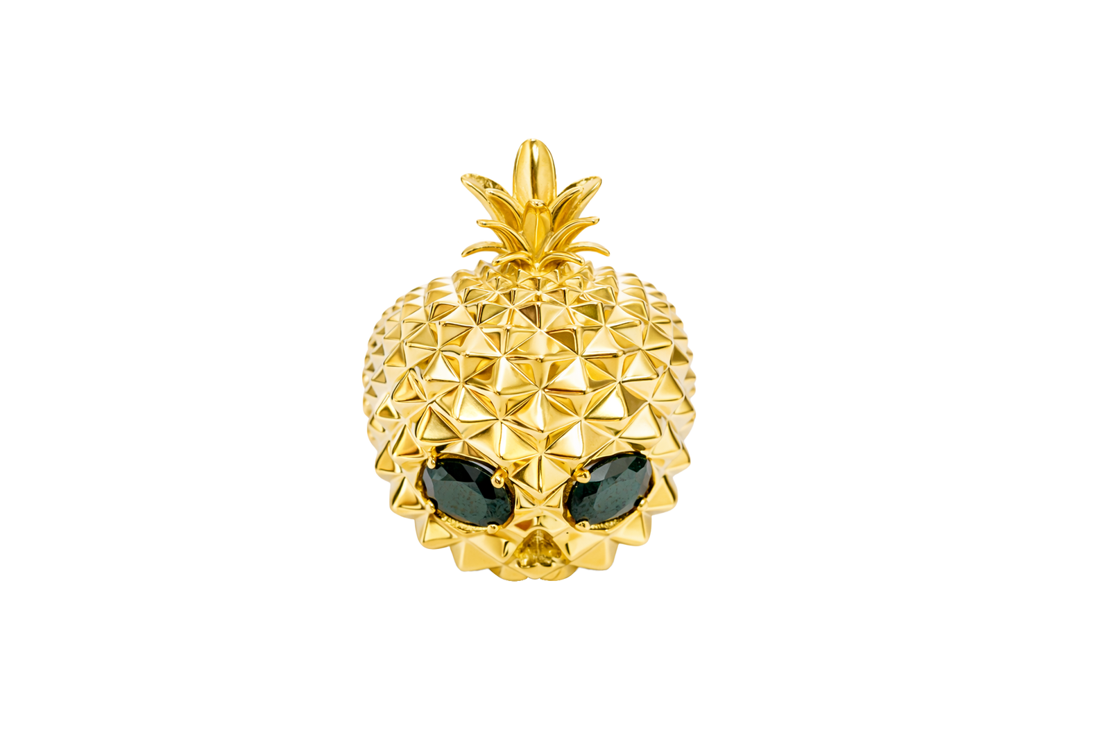 14KT Gold Ring Men's Pineapple Skull with Black Oval CZ Stone Eyes