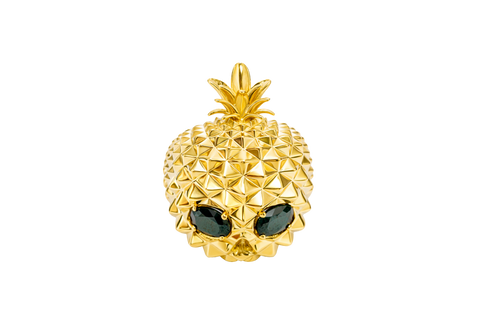14KT Gold Ring Men's Pineapple Skull with Black Oval CZ Stone Eyes