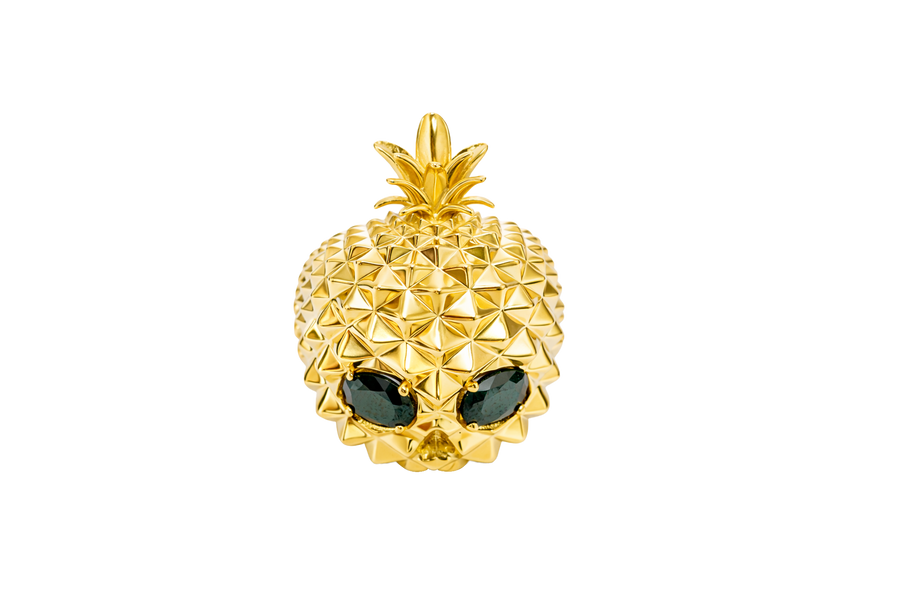 14KT Gold Ring Men's Pineapple Skull with Black Oval CZ Stone Eyes