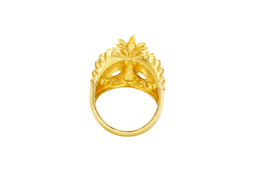 14KT Gold Ring Men's Pineapple Skull with Green Oval CZ Stone Eyes
