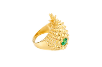 14KT Gold Ring Men's Pineapple Skull with Green Oval CZ Stone Eyes