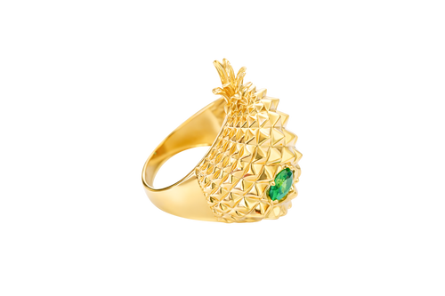 14KT Gold Ring Men's Pineapple Skull with Green Oval CZ Stone Eyes