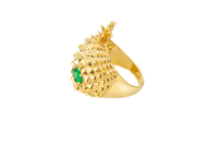 14KT Gold Ring Men's Pineapple Skull with Green Oval CZ Stone Eyes