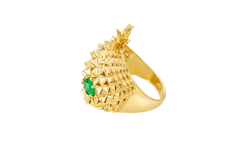14KT Gold Ring Men's Pineapple Skull with Green Oval CZ Stone Eyes