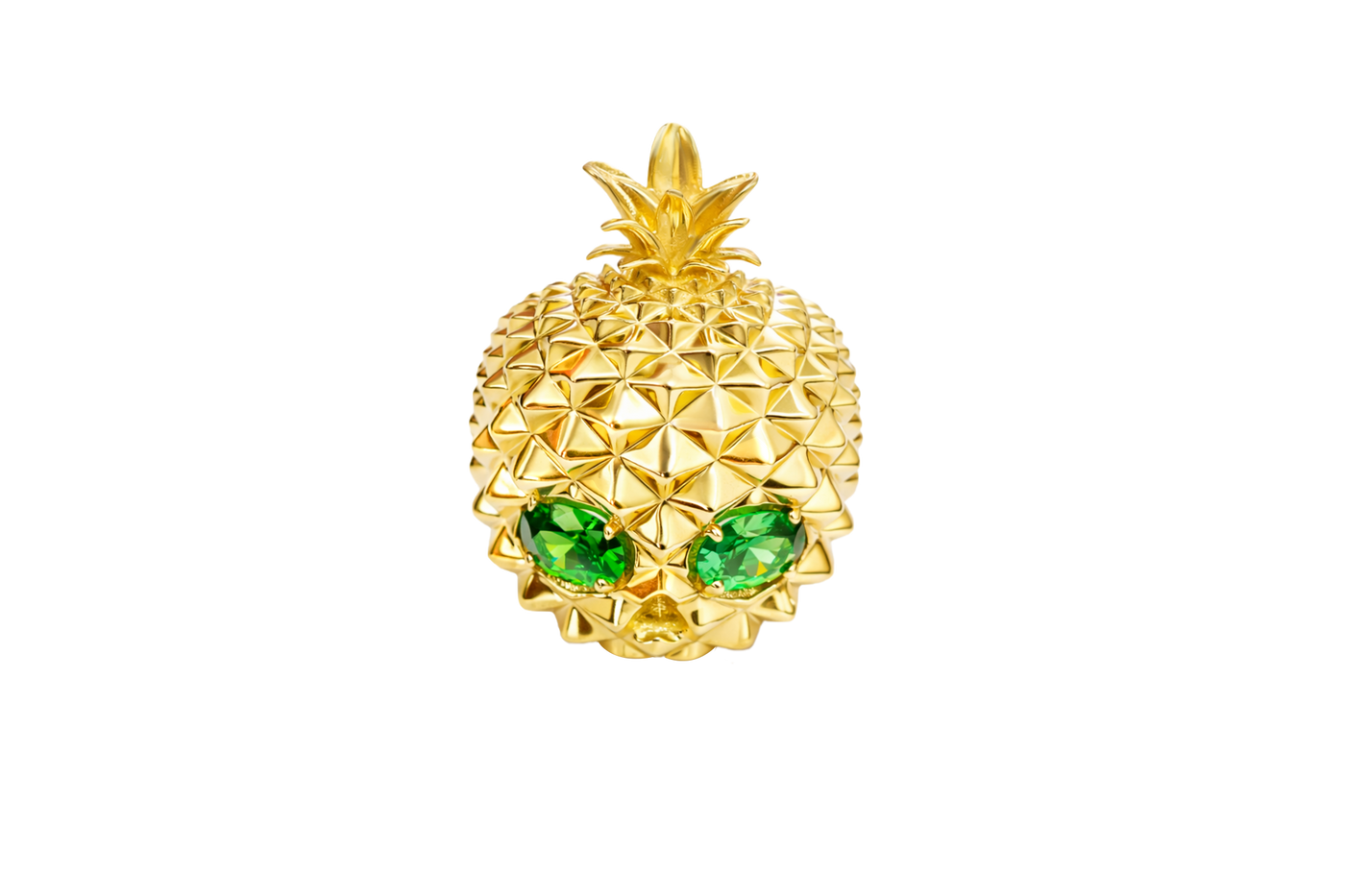 14KT Gold Ring Men's Pineapple Skull with Green Oval CZ Stone Eyes