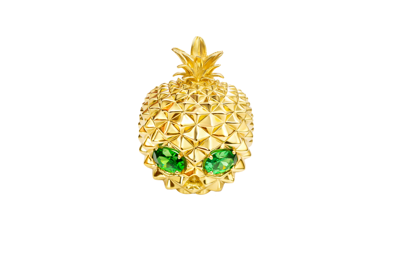 14KT Gold Ring Men's Pineapple Skull with Green Oval CZ Stone Eyes