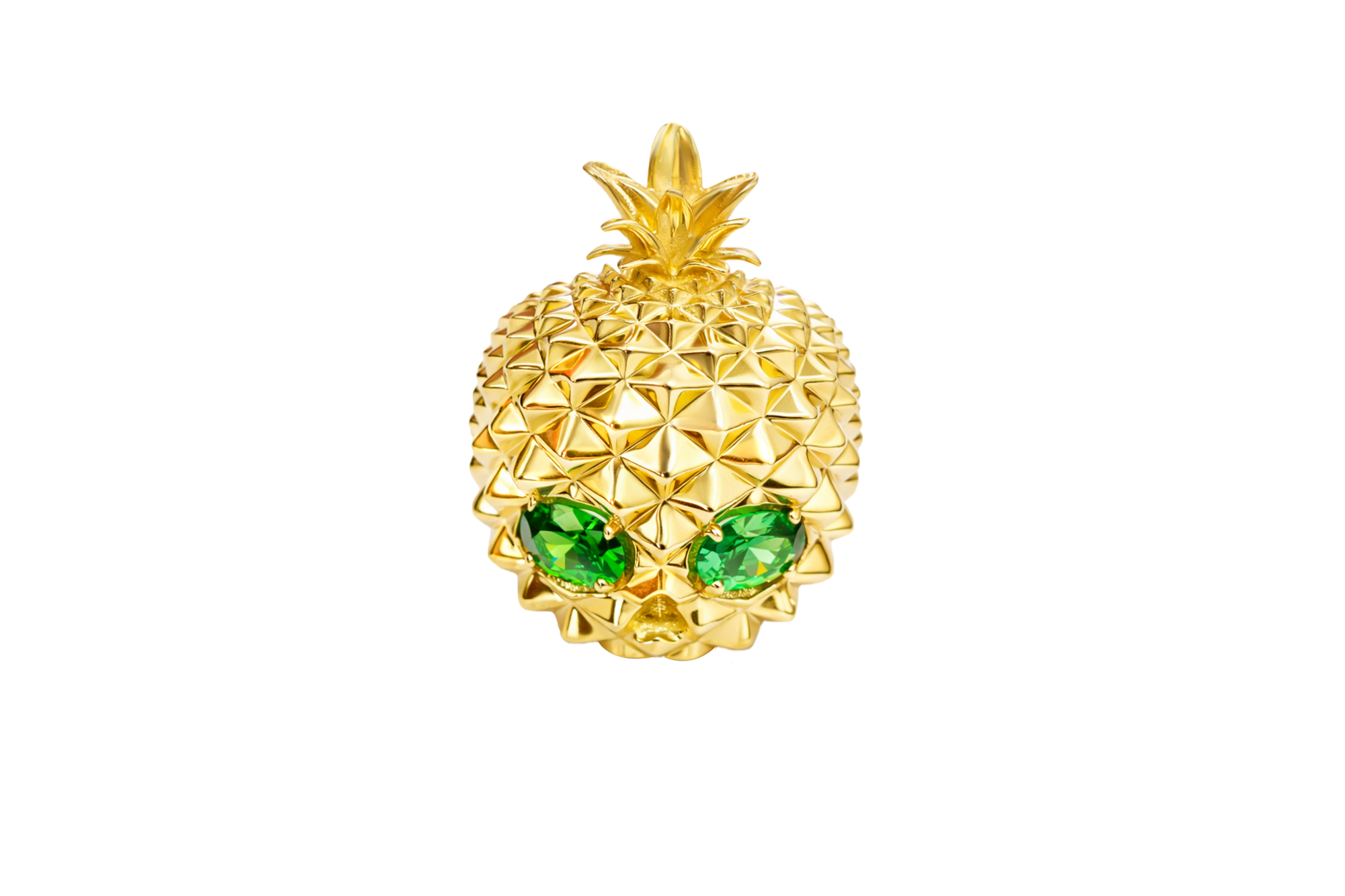 14KT Gold Ring Men's Pineapple Skull with Green Oval CZ Stone Eyes