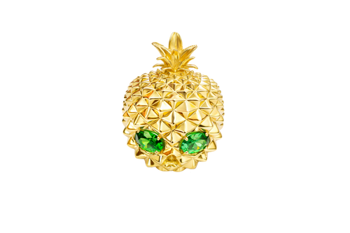 14KT Gold Ring Men's Pineapple Skull with Green Oval CZ Stone Eyes