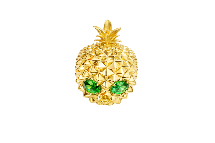 14KT Gold Ring Men's Pineapple Skull with Green Oval CZ Stone Eyes