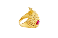 14KT Gold Ring Men's Pineapple Skull with Red Oval CZ Stone Eyes