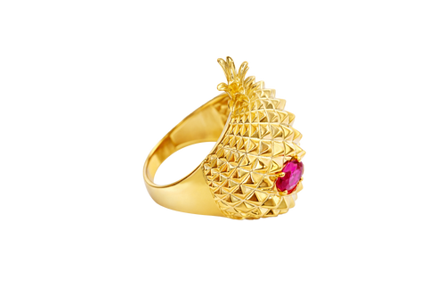 14KT Gold Ring Men's Pineapple Skull with Red Oval CZ Stone Eyes