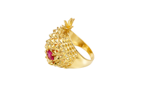 14KT Gold Ring Men's Pineapple Skull with Red Oval CZ Stone Eyes