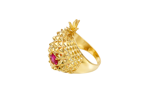 14KT Gold Ring Men's Pineapple Skull with Red Oval CZ Stone Eyes