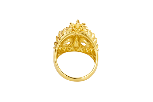 14KT Gold Ring Men's Pineapple Skull with Red Oval CZ Stone Eyes