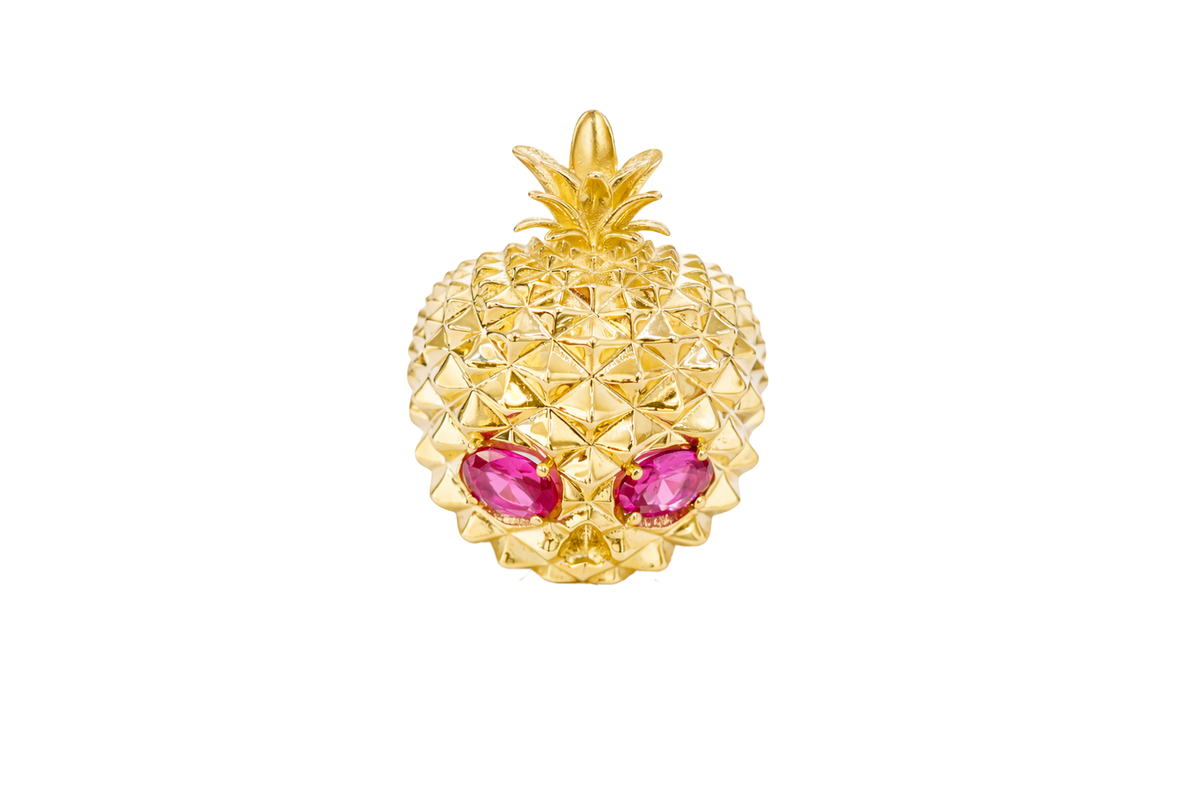 14KT Gold Ring Men's Pineapple Skull with Red Oval CZ Stone Eyes