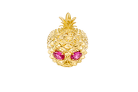 14KT Gold Ring Men's Pineapple Skull with Red Oval CZ Stone Eyes