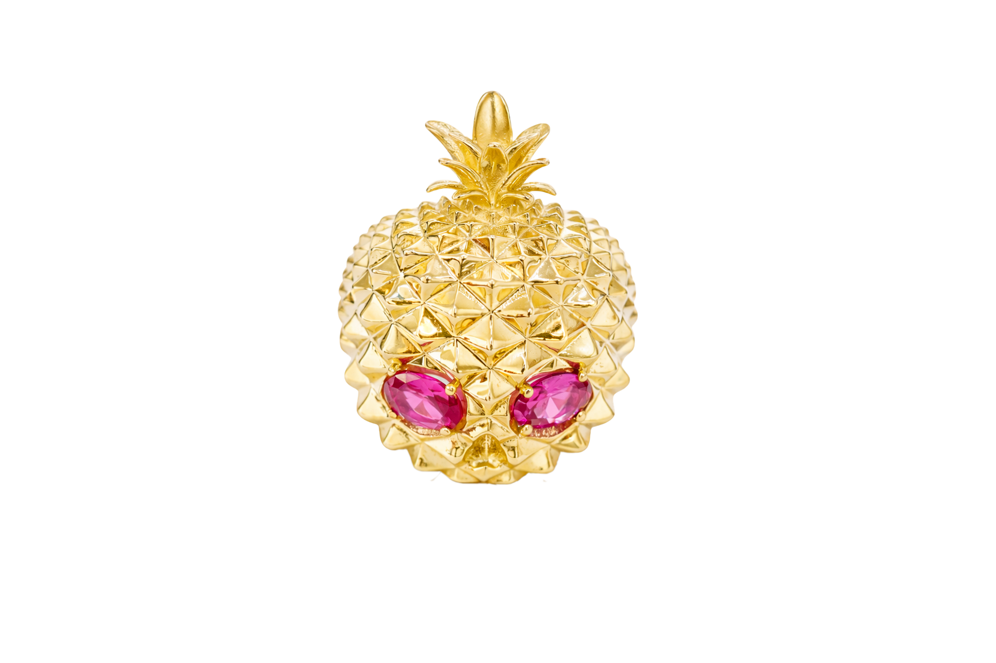 14KT Gold Ring Men's Pineapple Skull with Red Oval CZ Stone Eyes