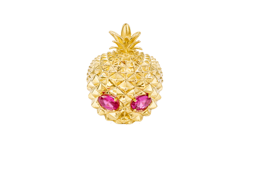 14KT Gold Ring Men's Pineapple Skull with Red Oval CZ Stone Eyes
