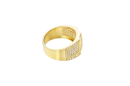14KT Gold Ring Men's Raised Triple Row Square Plain Border Edge Open Book White CZ Stone Band Design