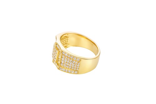 14KT Gold Ring Men's Raised Triple Row Square Plain Border Edge Open Book White CZ Stone Band Design