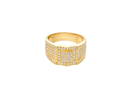 14KT Gold Ring Men's Raised Triple Row Square Plain Border Edge Open Book White CZ Stone Band Design