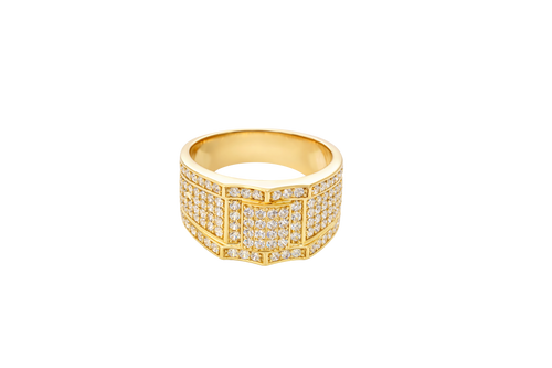 14KT Gold Ring Men's Raised Triple Row Square Plain Border Edge Open Book White CZ Stone Band Design