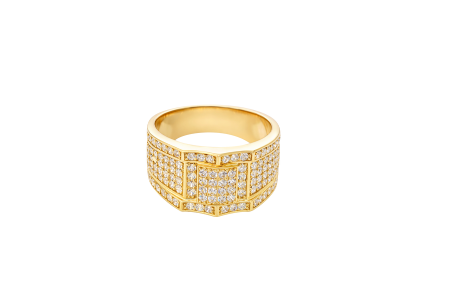 14KT Gold Ring Men's Raised Triple Row Square Plain Border Edge Open Book White CZ Stone Band Design