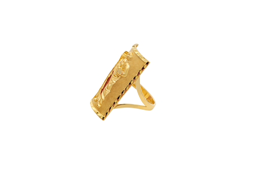 14KT Gold Ring Men's Rectangle St. Jude Full Body Portrait Etched Border Split Band Sides
