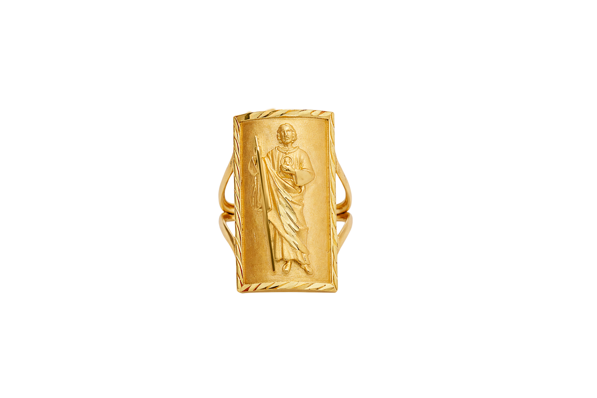 14KT Gold Ring Men's Rectangle St. Jude Full Body Portrait Etched Border Split Band Sides