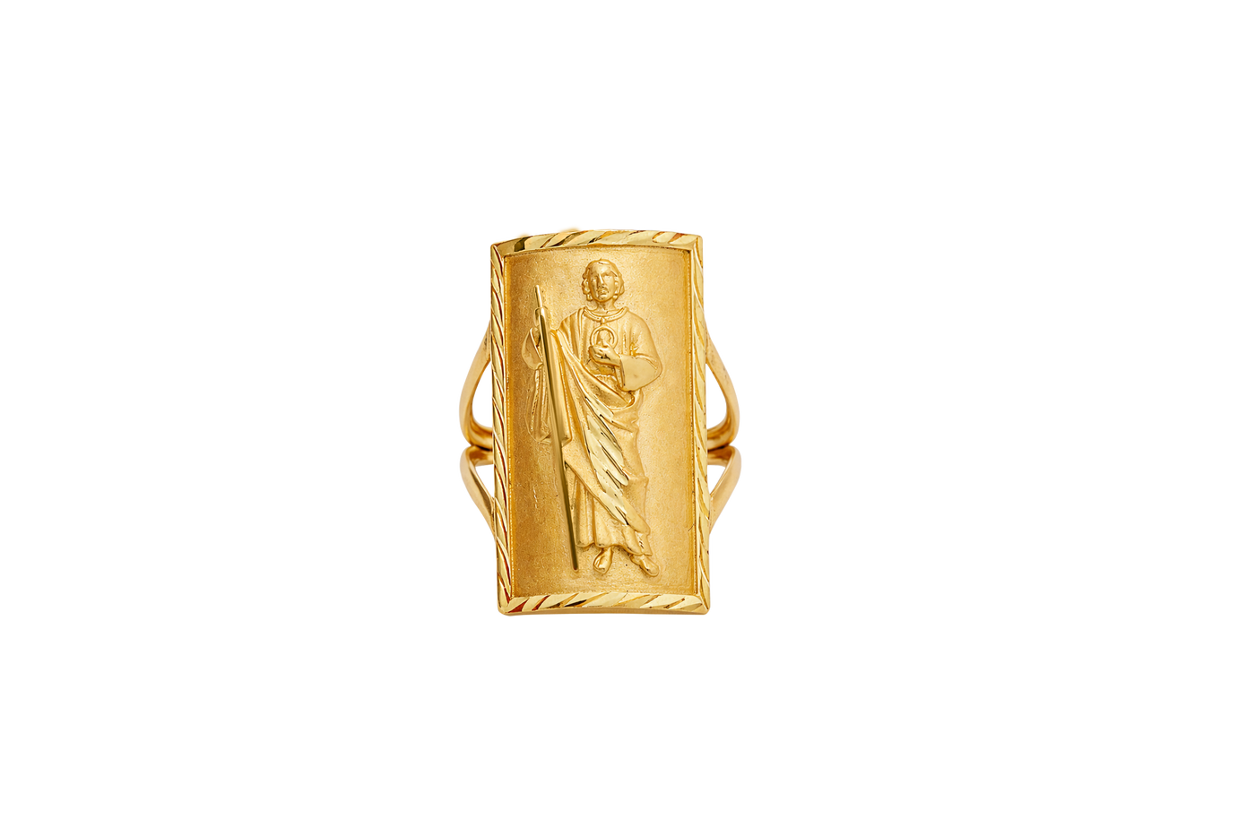 14KT Gold Ring Men's Rectangle St. Jude Full Body Portrait Etched Border Split Band Sides