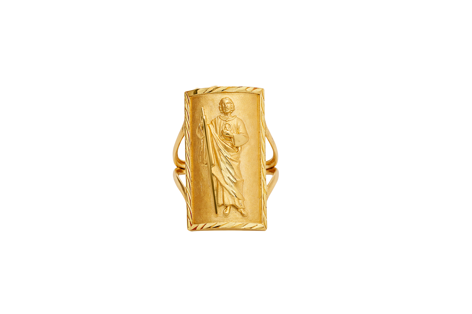 14KT Gold Ring Men's Rectangle St. Jude Full Body Portrait Etched Border Split Band Sides