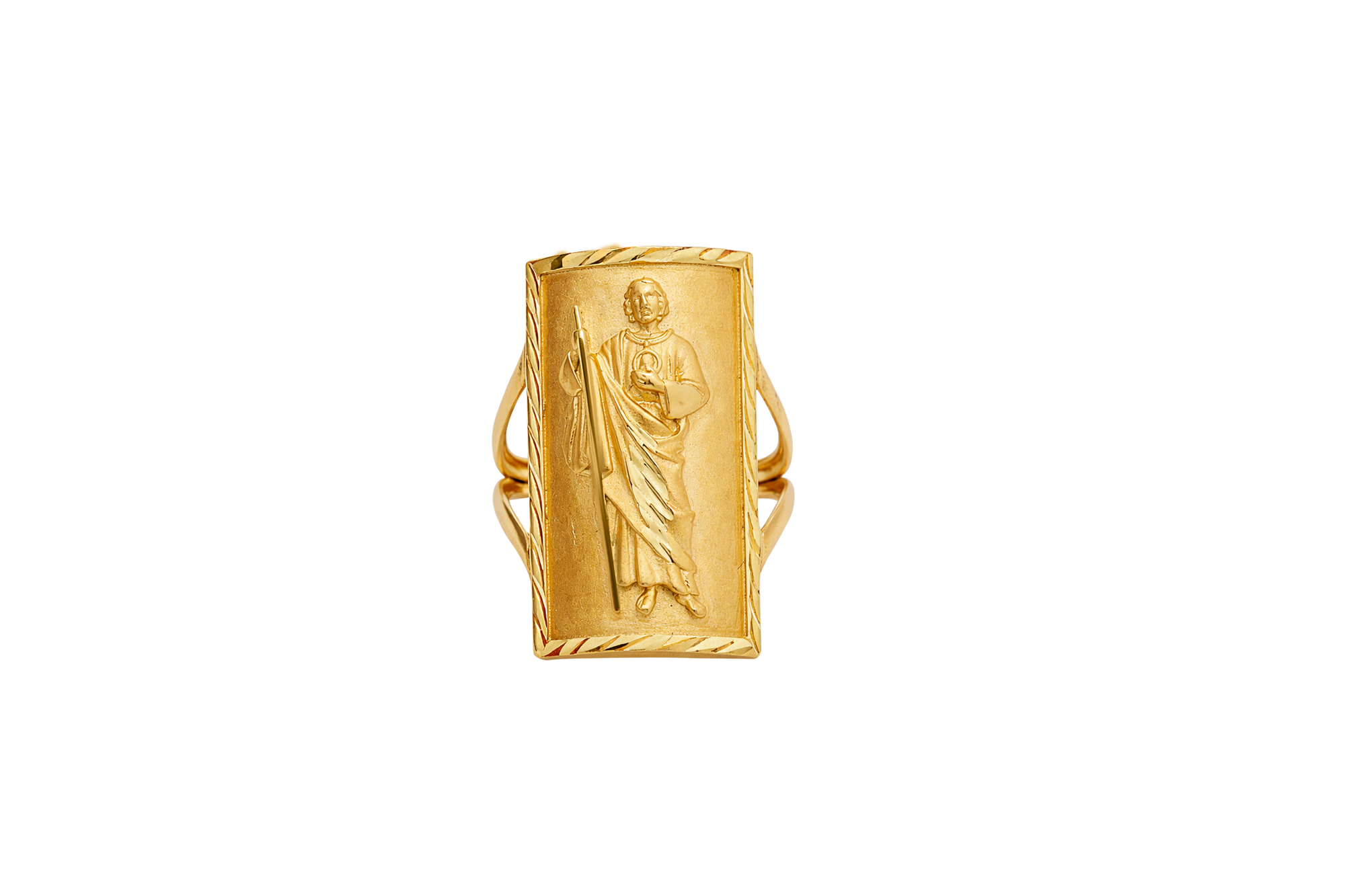 14KT Gold Ring Men's Rectangle St. Jude Full Body Portrait Etched Border Split Band Sides