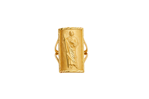 14KT Gold Ring Men's Rectangle St. Jude Full Body Portrait Etched Border Split Band Sides