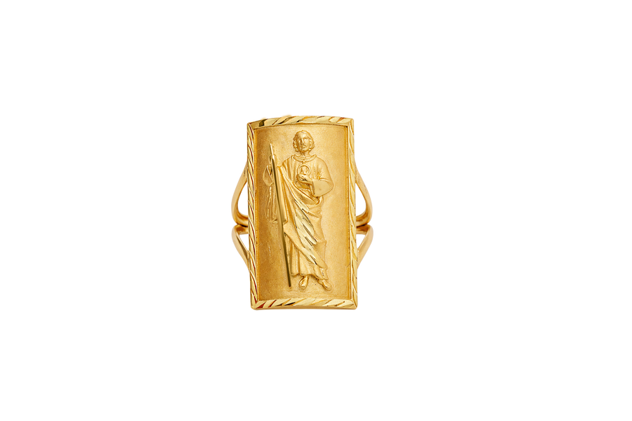 14KT Gold Ring Men's Rectangle St. Jude Full Body Portrait Etched Border Split Band Sides