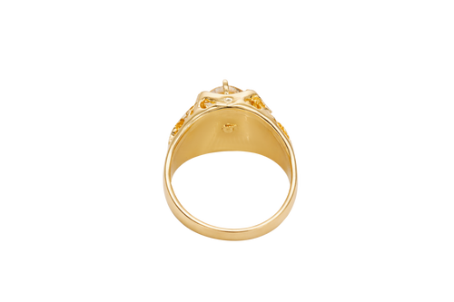 14KT Gold Ring Men's Rounded Corner Rectangle 6 Prongs White CZ Center Stone Platform with Shank Hollow Nugget