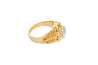 14KT Gold Ring Men's Rounded Corner Rectangle 6 Prongs White CZ Center Stone Platform with Shank Hollow Nugget