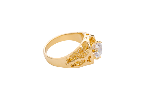 14KT Gold Ring Men's Rounded Corner Rectangle 6 Prongs White CZ Center Stone Platform with Shank Hollow Nugget