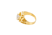 14KT Gold Ring Men's Rounded Corner Rectangle 6 Prongs White CZ Center Stone Platform with Shank Hollow Nugget